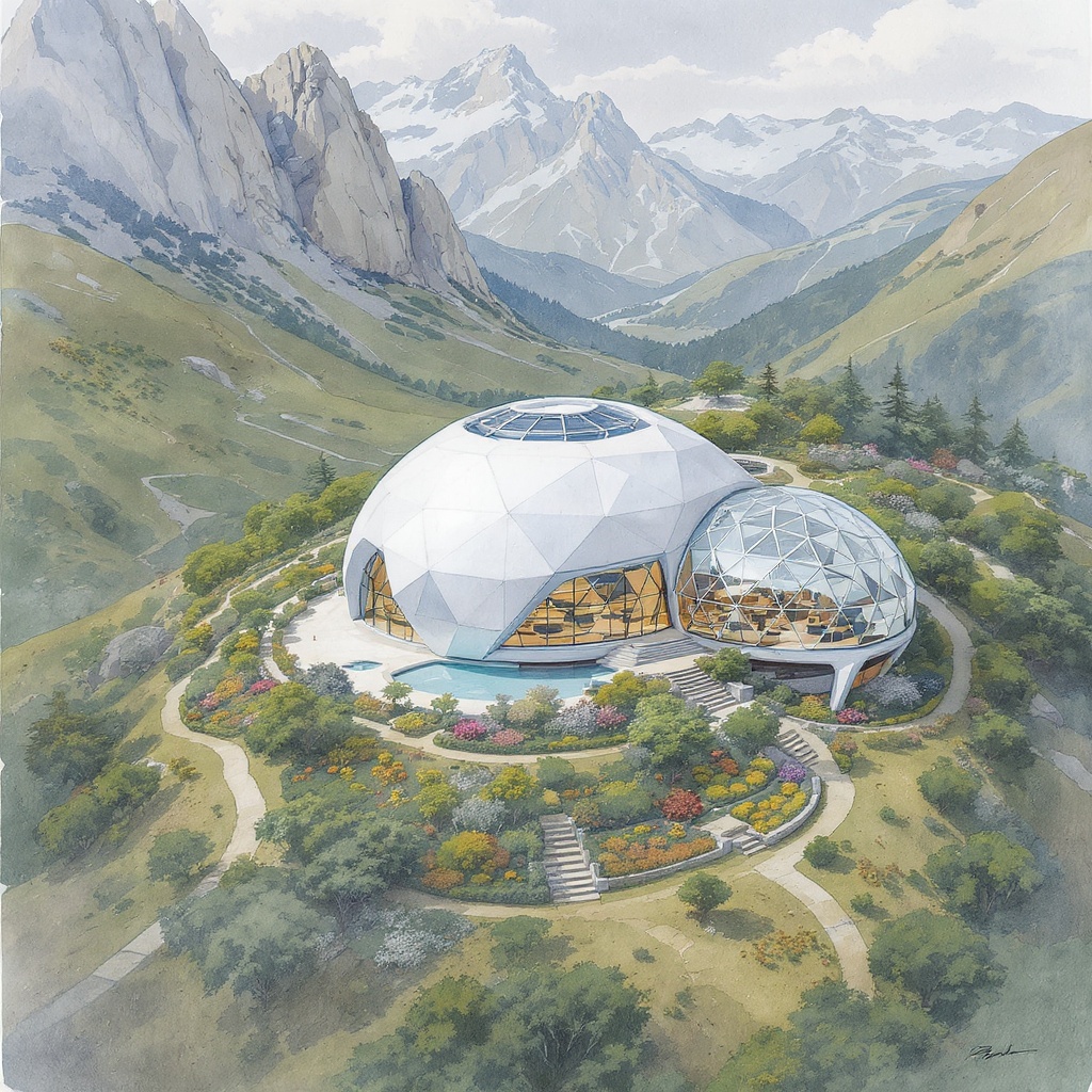 Geodesic dome greenhouse with plants inside